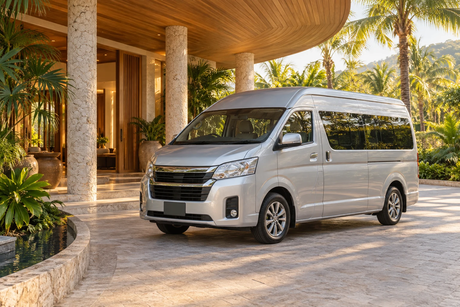 Airport transfer concept with an unbranded passenger van at a tropical club entrance