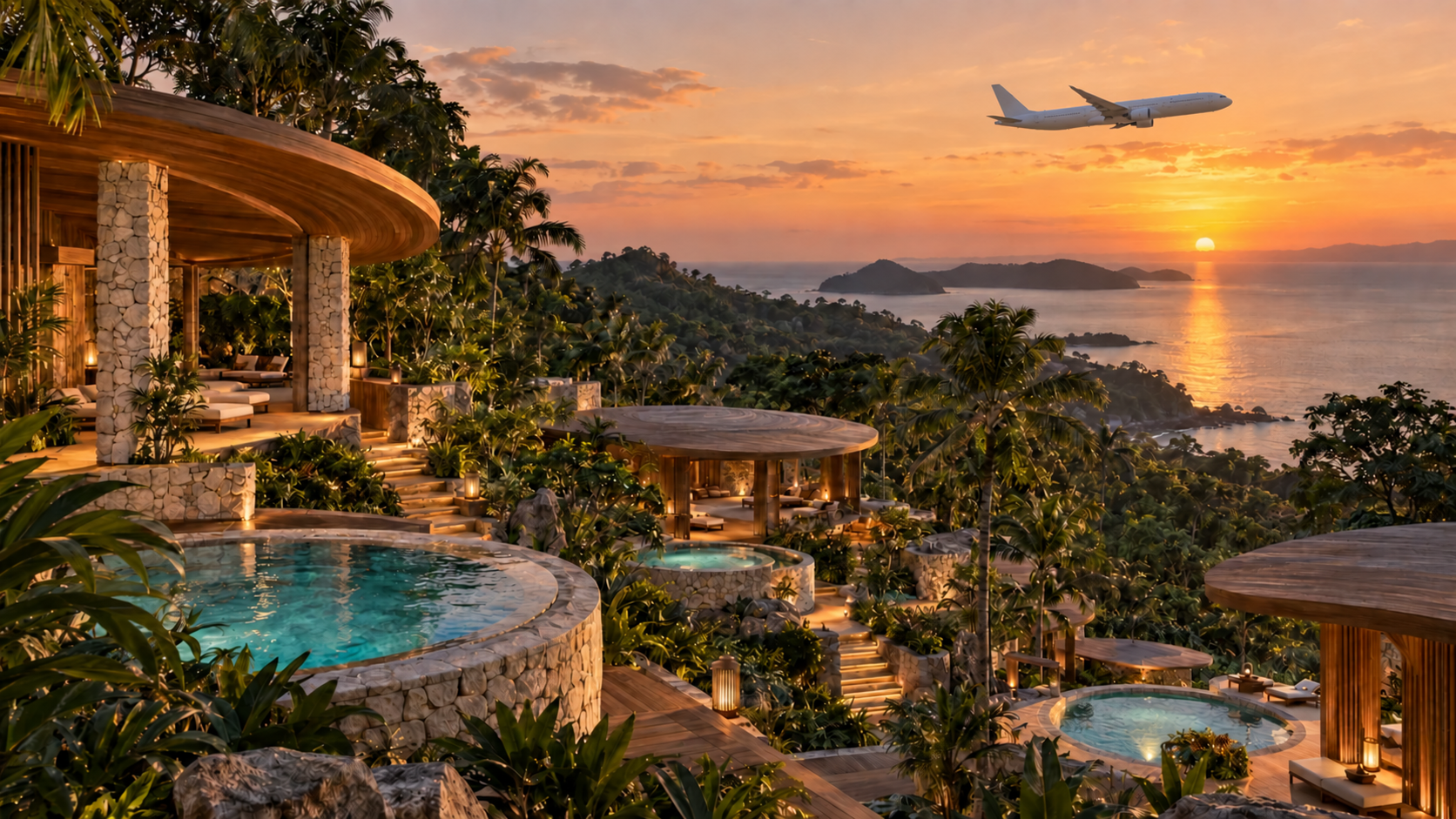 Concept of sauna and bathing terraces above the sea, with an aircraft crossing a golden sunset