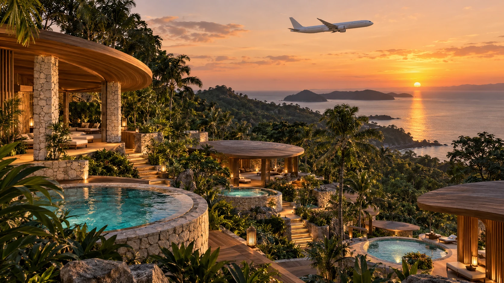 Concept of sauna and bathing terraces above the sea, with an aircraft crossing a golden sunset
