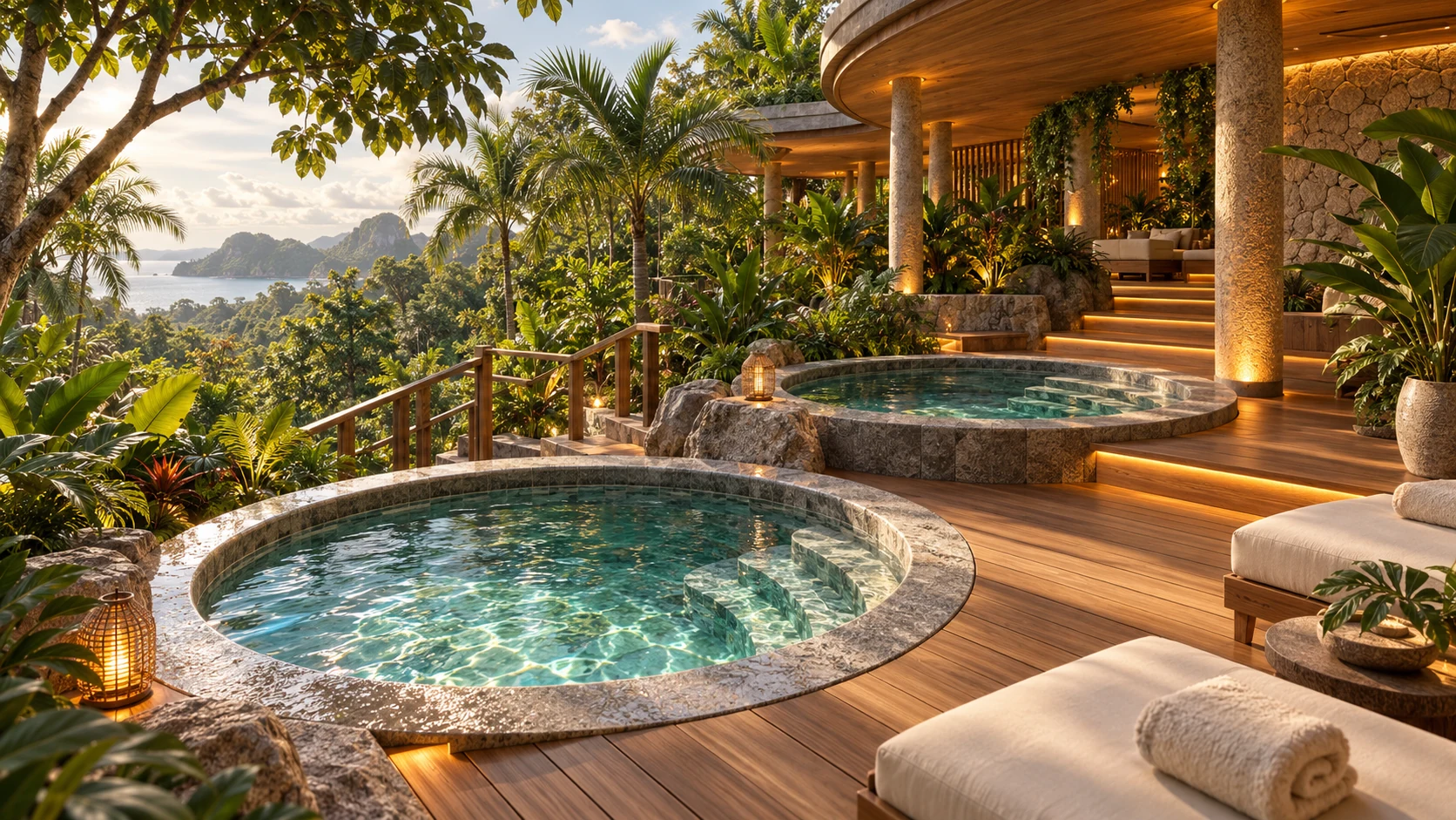 Circular hot bath concept beside an outdoor relaxation area