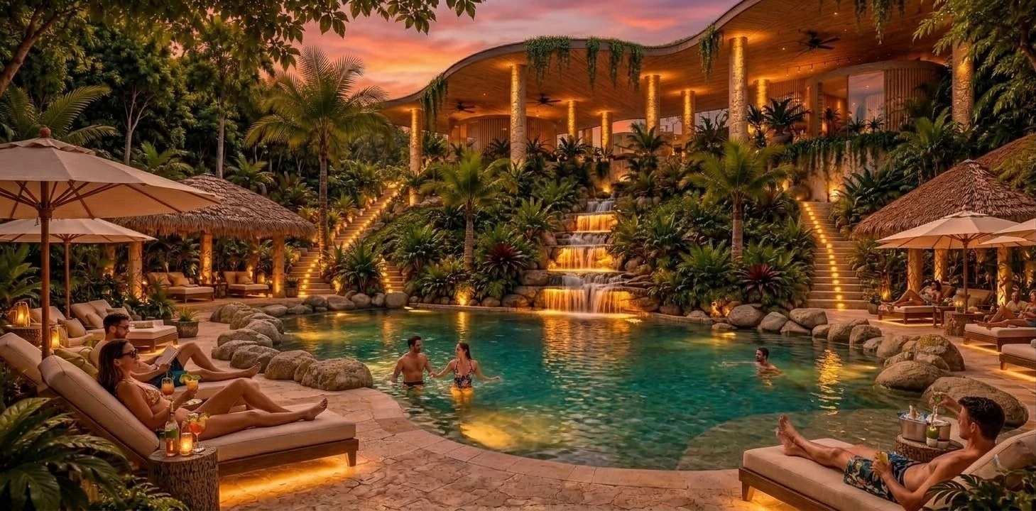 Architectural concept of a pool, waterfall and relaxation terraces at dusk