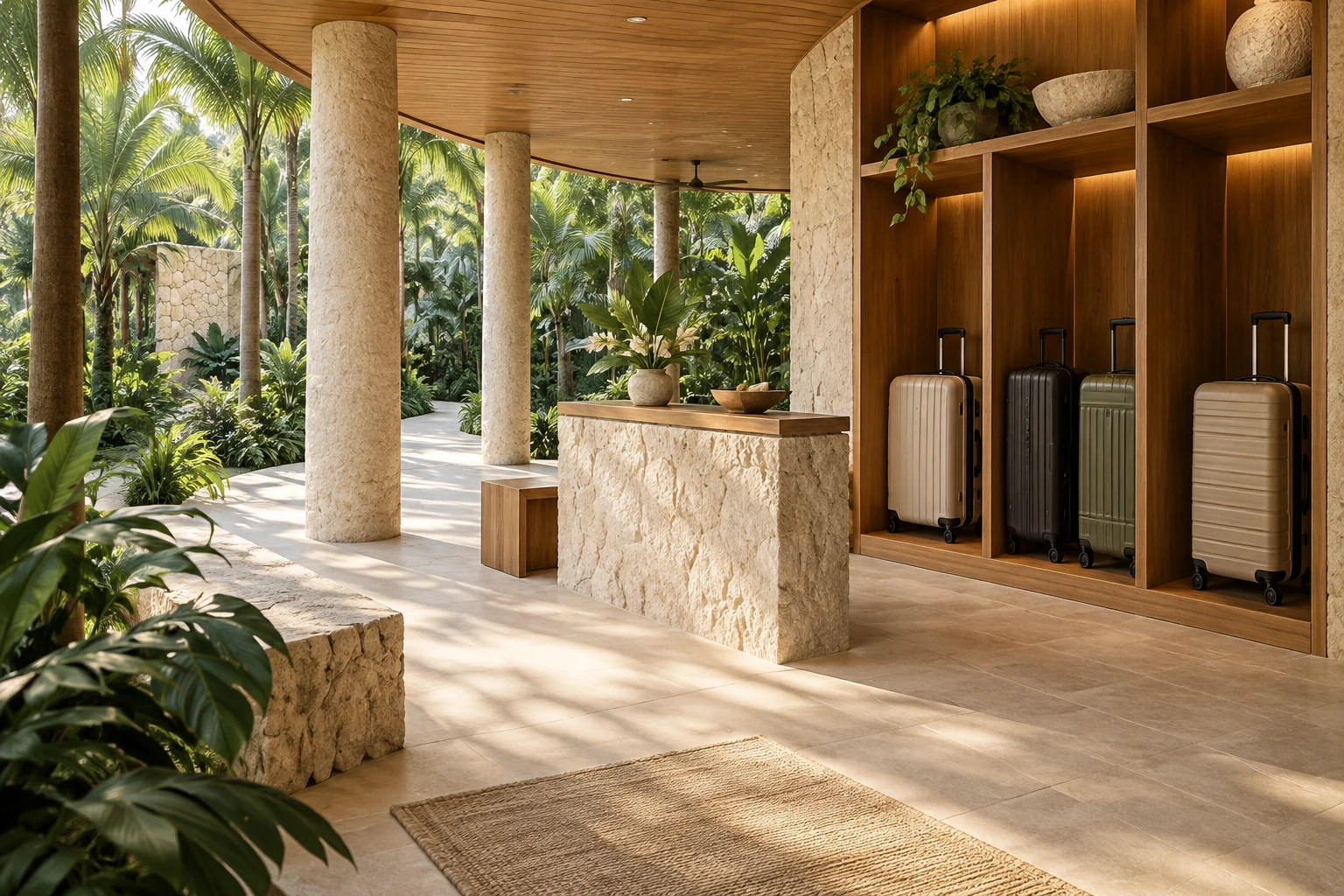 Luggage storage concept with suitcases in a timber and stone reception area