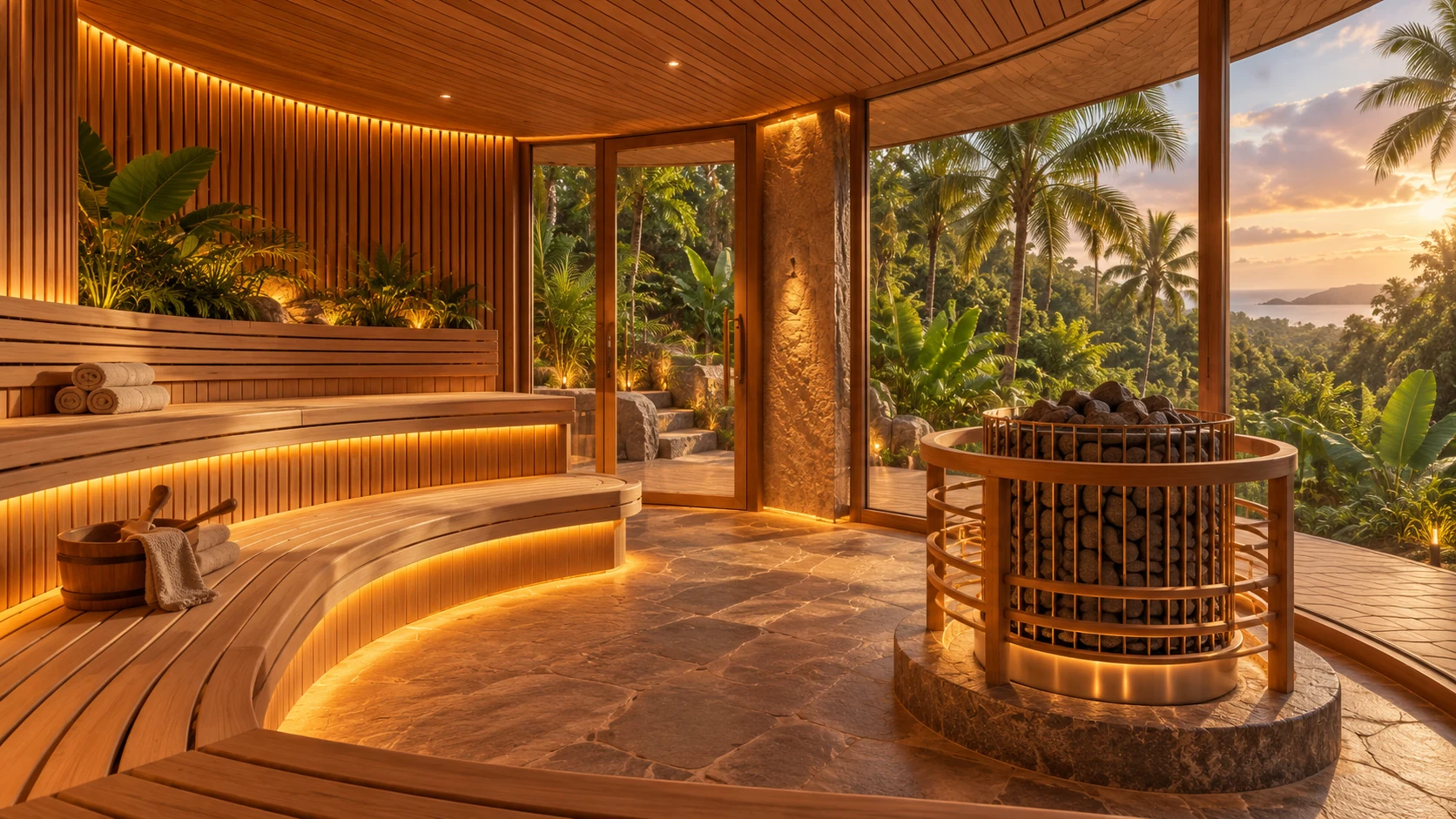 Sauna concept with curved benches and windows overlooking plants