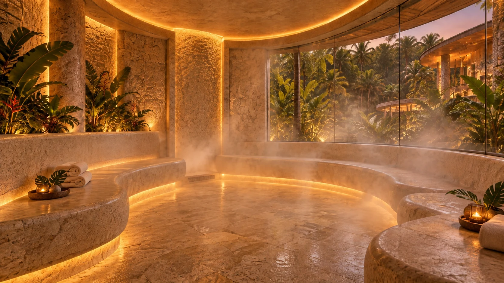 Steam room concept with curved benches and large windows
